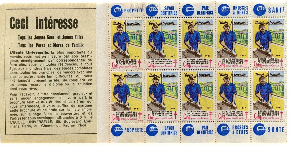 1947 Carnet complet « Guéri… je travaille » avec 10 timbres