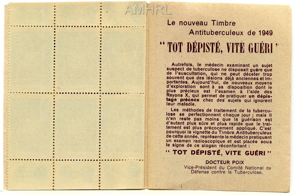 1949 Carnet complet « Tôt dépisté, vite guéri » avec 10 timbres