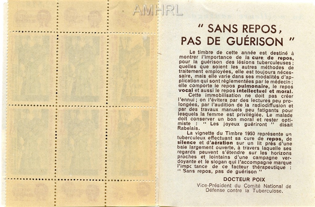 1950 Carnet complet « Sans repos, pas de guérison » avec 10 timbres