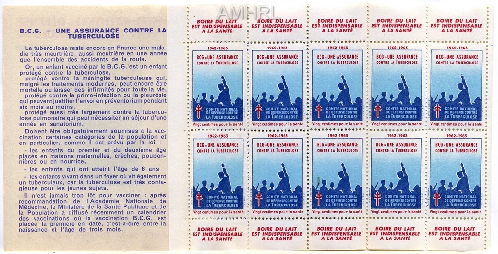 1962-1963 Carnet complet « Le BCG = une assurance contre la tuberculose » avec 10 timbres