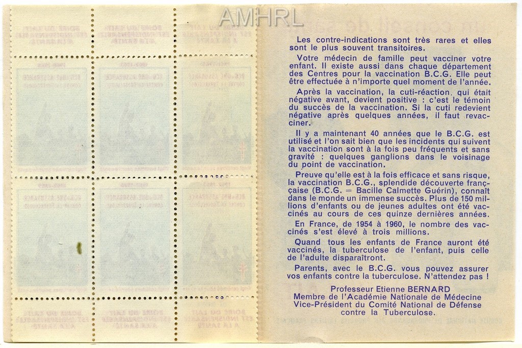 1962-1963 Carnet complet « Le BCG = une assurance contre la tuberculose » avec 10 timbres
