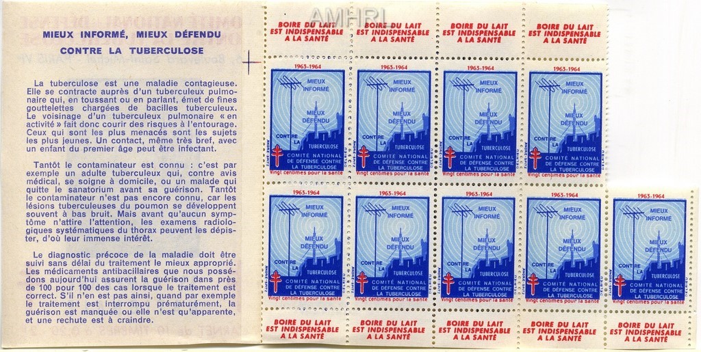 1963-1964 Carnet complet « Mieux informé, mieux défendu contre la tuberculose » avec 9 timbres