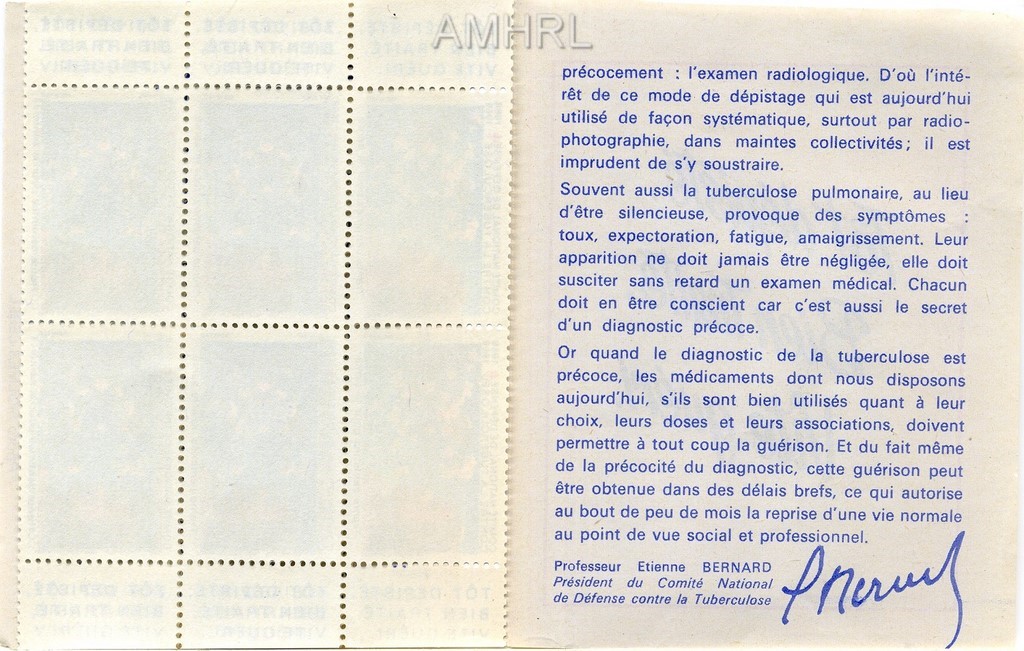 1968-1969 Carnet complet « Dépistage précoce, guérison rapide » avec 10 timbres