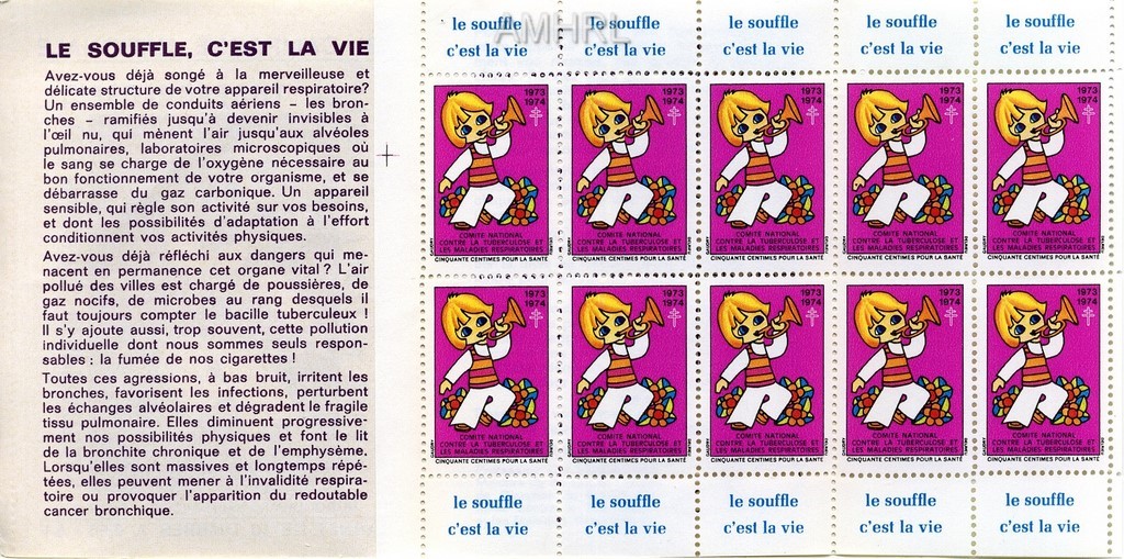 1973-1974 Carnet complet « Le souffle c’est la vie » avec 10 timbres