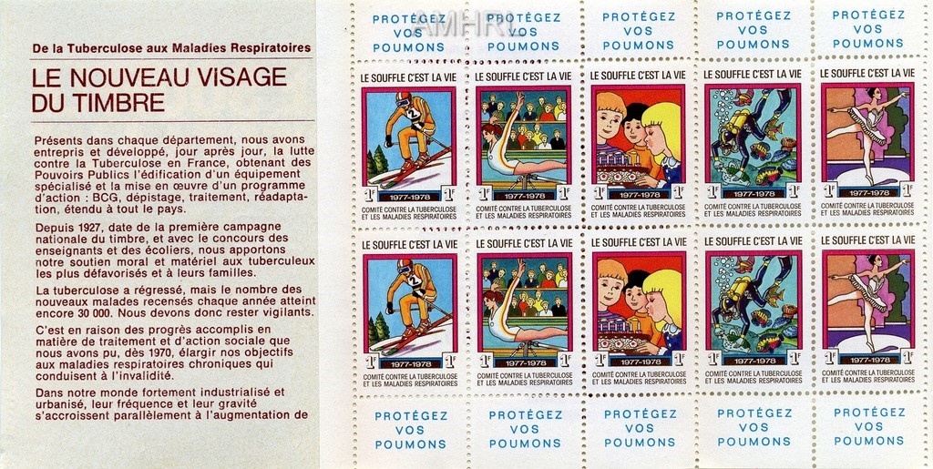 1977-1978 Carnet complet « Le souffle c’est la vie » avec 10 timbres