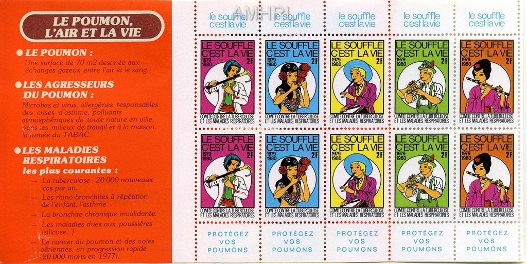 1979-1980 Carnet complet « Le souffle c’est la vie » avec 10 timbres